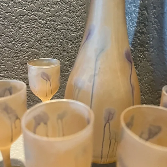 Vintage  7 Pc Rueven Nouveau Art Glass Frosted Wine Water Decanter & glasses - Picture 6 of 8